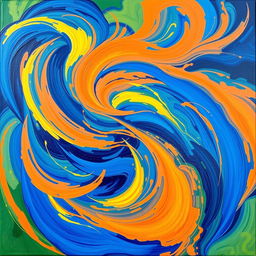 A beautiful abstract painting with vibrant colors, featuring swirling patterns of deep blue, bright orange, and soft yellow, creating a sense of motion and depth