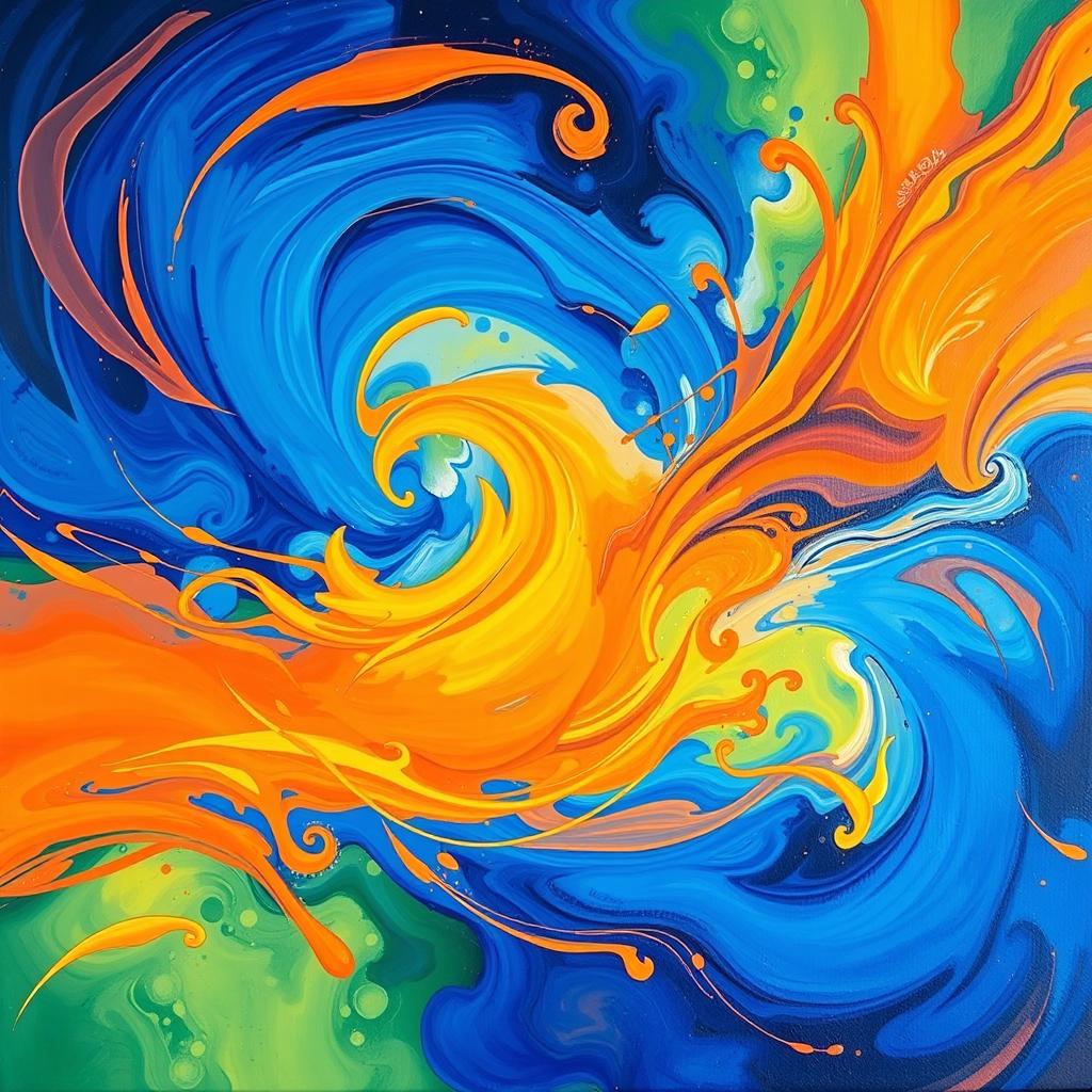 A beautiful abstract painting with vibrant colors, featuring swirling patterns of deep blue, bright orange, and soft yellow, creating a sense of motion and depth
