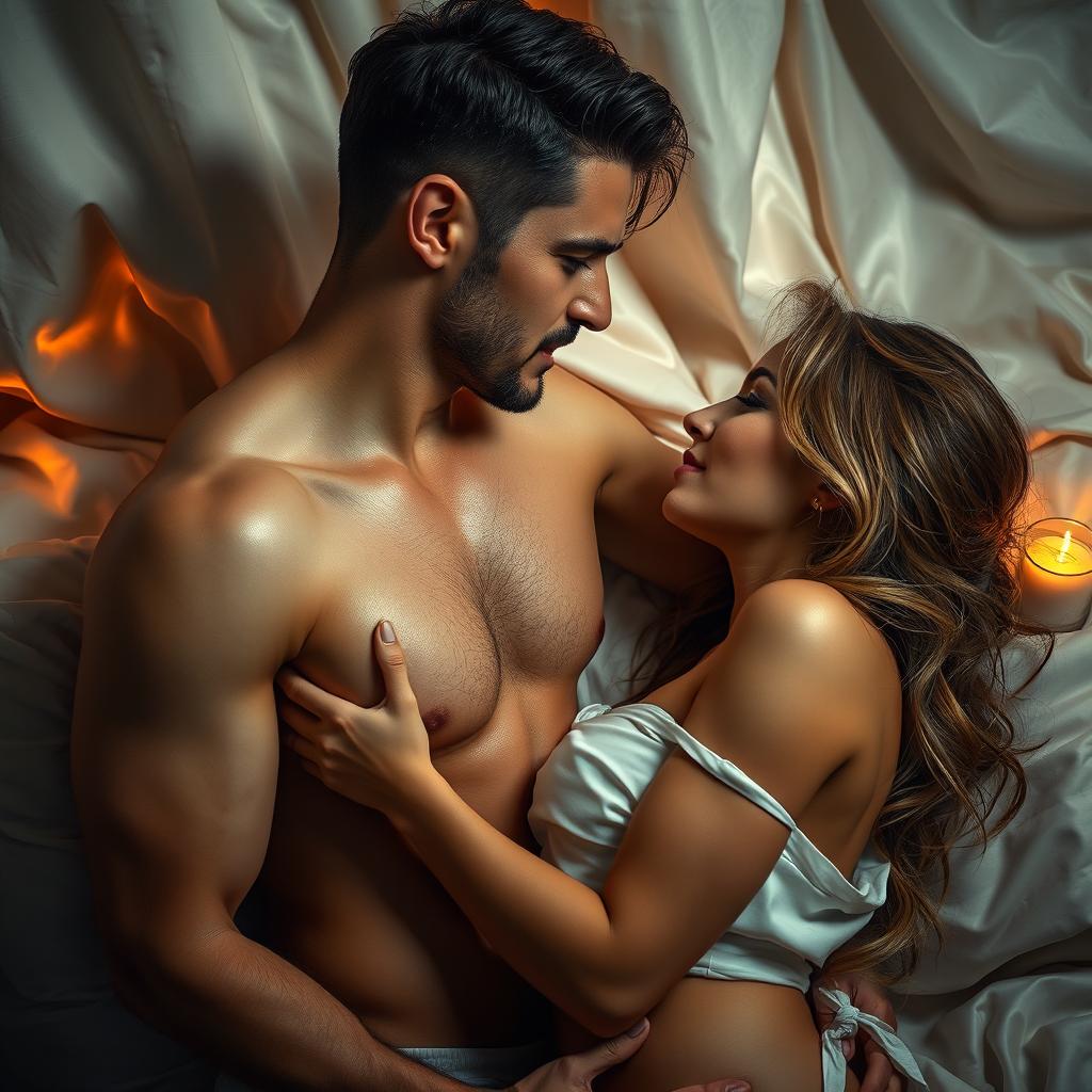 An artistic depiction of sensual intimacy between two adults, highlighting their chemistry and connection