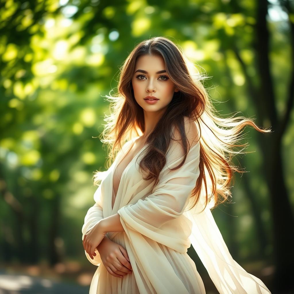 A beautiful young woman standing confidently, posing elegantly in a natural setting