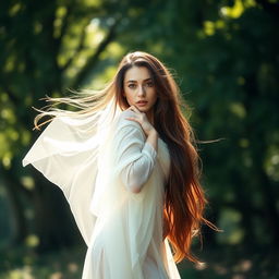 A beautiful young woman standing confidently, posing elegantly in a natural setting
