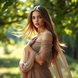 A beautiful young woman standing confidently, posing elegantly in a natural setting