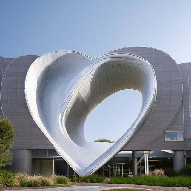 A modern hospital building shaped like a heart, with a sprawling medical campus in the background under a clear sky.