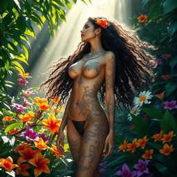 A majestic, ethereal scene of a beautiful woman standing confidently in a vibrant jungle, with colorful flowers surrounding her
