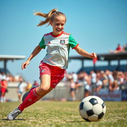 A 15-year-old blonde girl playing soccer, showcasing her athleticism and determination
