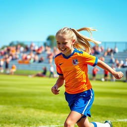 A 15-year-old blonde girl playing soccer, showcasing her athleticism and determination