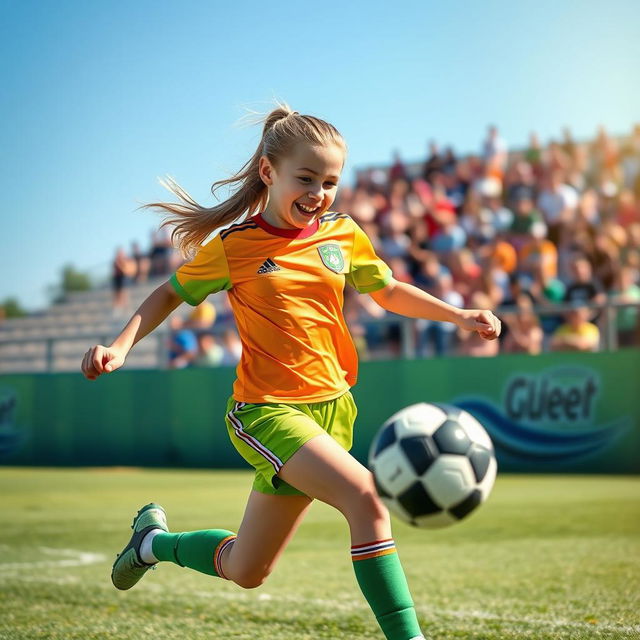 A 15-year-old blonde girl playing soccer, showcasing her athleticism and determination