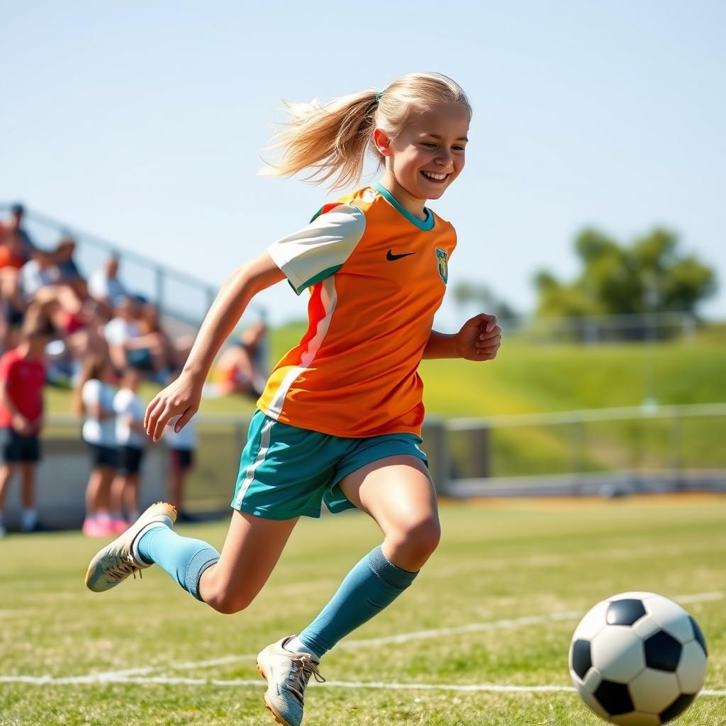 A 15-year-old blonde girl playing soccer, showcasing her athleticism and determination
