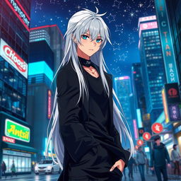 A stunning anime ikemen, 21 years old, with long flowing white hair that glimmers under the city lights