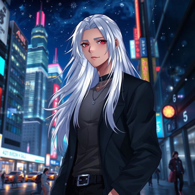 A stunning anime ikemen, 21 years old, with long flowing white hair that glimmers under the city lights