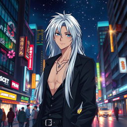 A stunning anime ikemen, 21 years old, with long flowing white hair that glimmers under the city lights