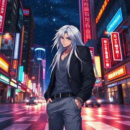 A stunning anime ikemen, 21 years old, with long flowing white hair that glimmers under the city lights