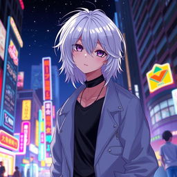 A captivating anime ikemen, 21 years old, with shoulder-length white hair that shimmers in the urban glow