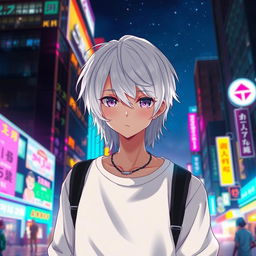 A captivating anime ikemen, 21 years old, with shoulder-length white hair that shimmers in the urban glow