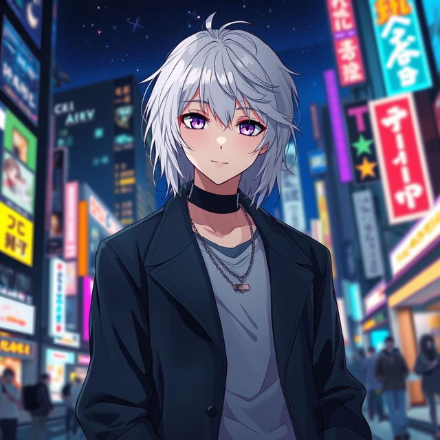 A captivating anime ikemen, 21 years old, with shoulder-length white hair that shimmers in the urban glow