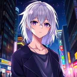 A captivating anime ikemen, 21 years old, with shoulder-length white hair that shimmers in the urban glow