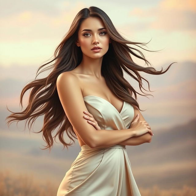 A beautiful woman with long flowing hair, an elegant pose, wearing a stunning dress that contrasts with her graceful figure