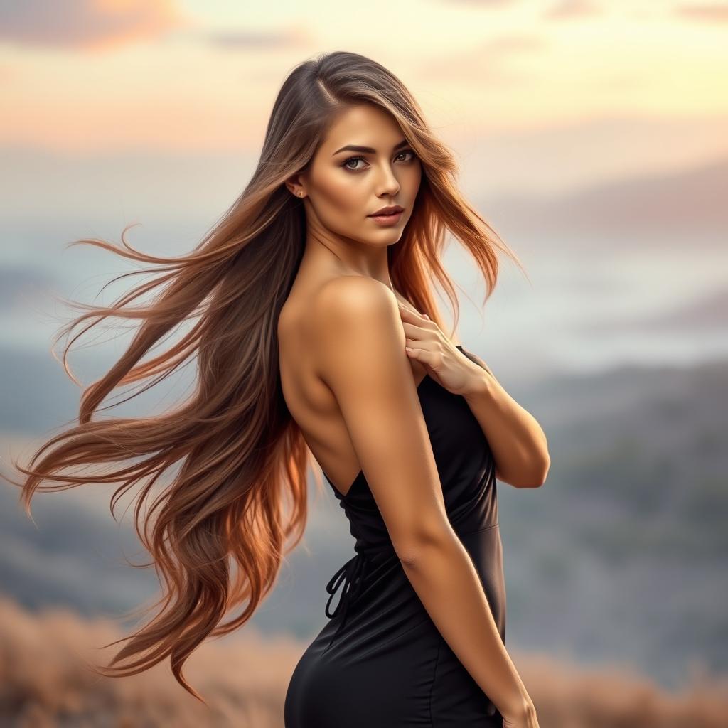 A beautiful woman with long flowing hair, an elegant pose, wearing a stunning dress that contrasts with her graceful figure