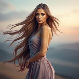 A beautiful woman with long flowing hair, an elegant pose, wearing a stunning dress that contrasts with her graceful figure