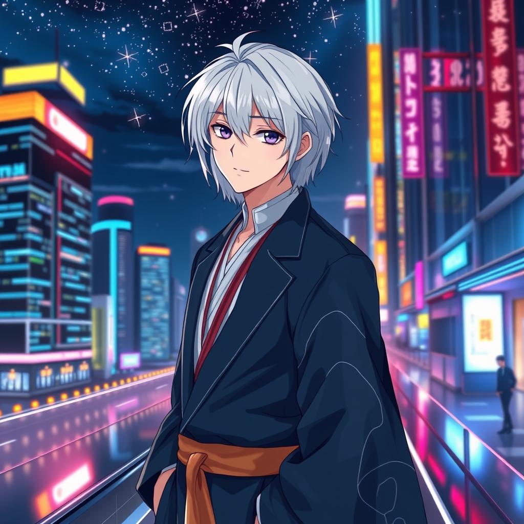 An intriguing anime ikemen, 21 years old, with shoulder-length white hair and mesmerizing purple eyes, exuding an air of mystery with a subtle smile