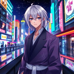 An intriguing anime ikemen, 21 years old, with shoulder-length white hair and mesmerizing purple eyes, exuding an air of mystery with a subtle smile