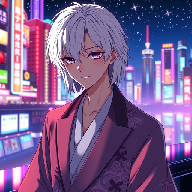 An intriguing anime ikemen, 21 years old, with shoulder-length white hair and mesmerizing purple eyes, exuding an air of mystery with a subtle smile