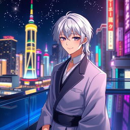 An intriguing anime ikemen, 21 years old, with shoulder-length white hair and mesmerizing purple eyes, exuding an air of mystery with a subtle smile