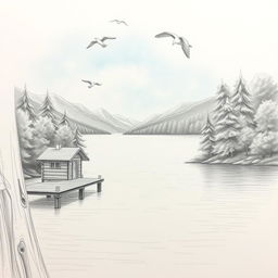 A detailed pencil drawing featuring a serene landscape