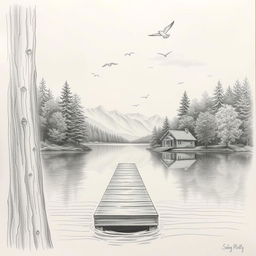 A detailed pencil drawing featuring a serene landscape