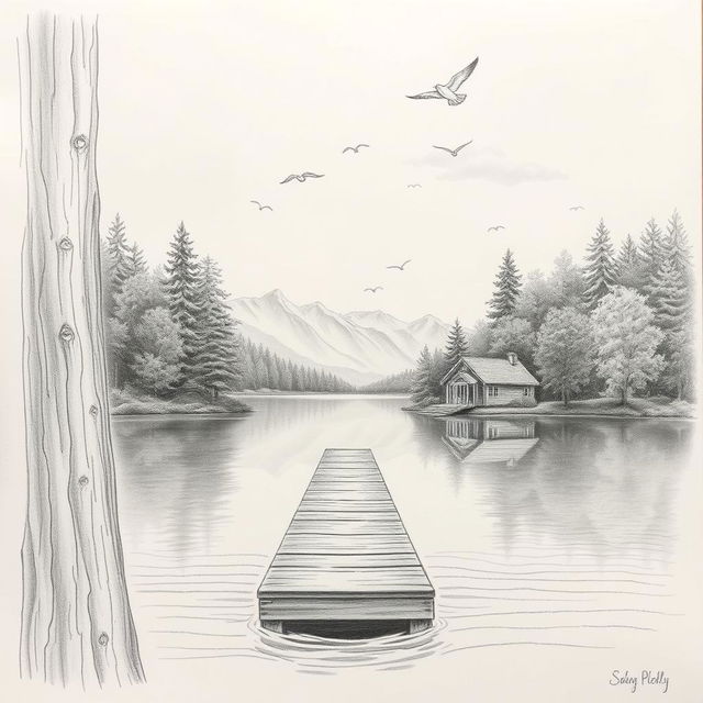 A detailed pencil drawing featuring a serene landscape