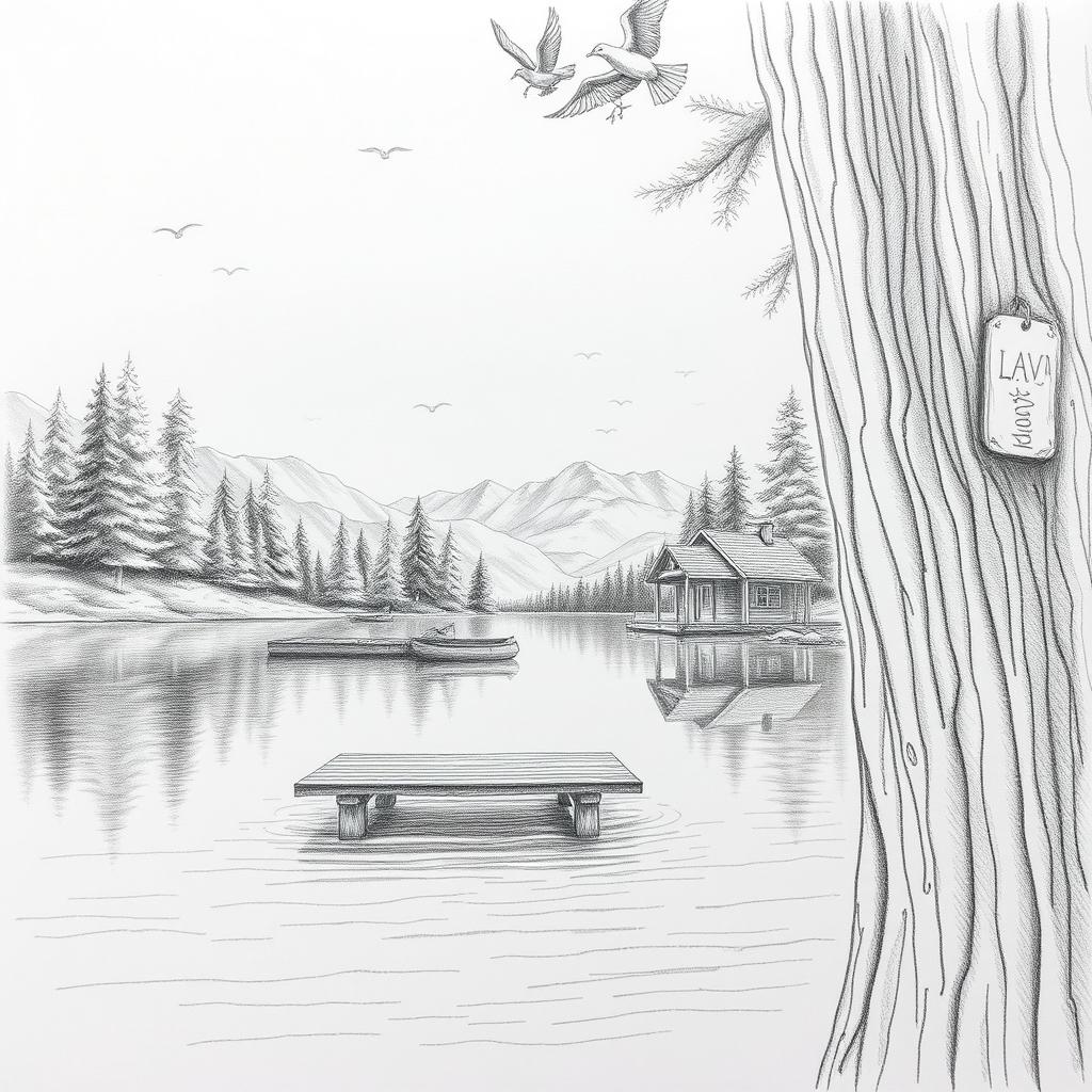 A detailed pencil drawing featuring a serene landscape