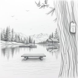 A detailed pencil drawing featuring a serene landscape