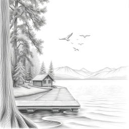 A detailed pencil drawing featuring a serene landscape