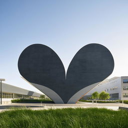 A modern hospital building shaped like a heart, with a sprawling medical campus in the background under a clear sky.