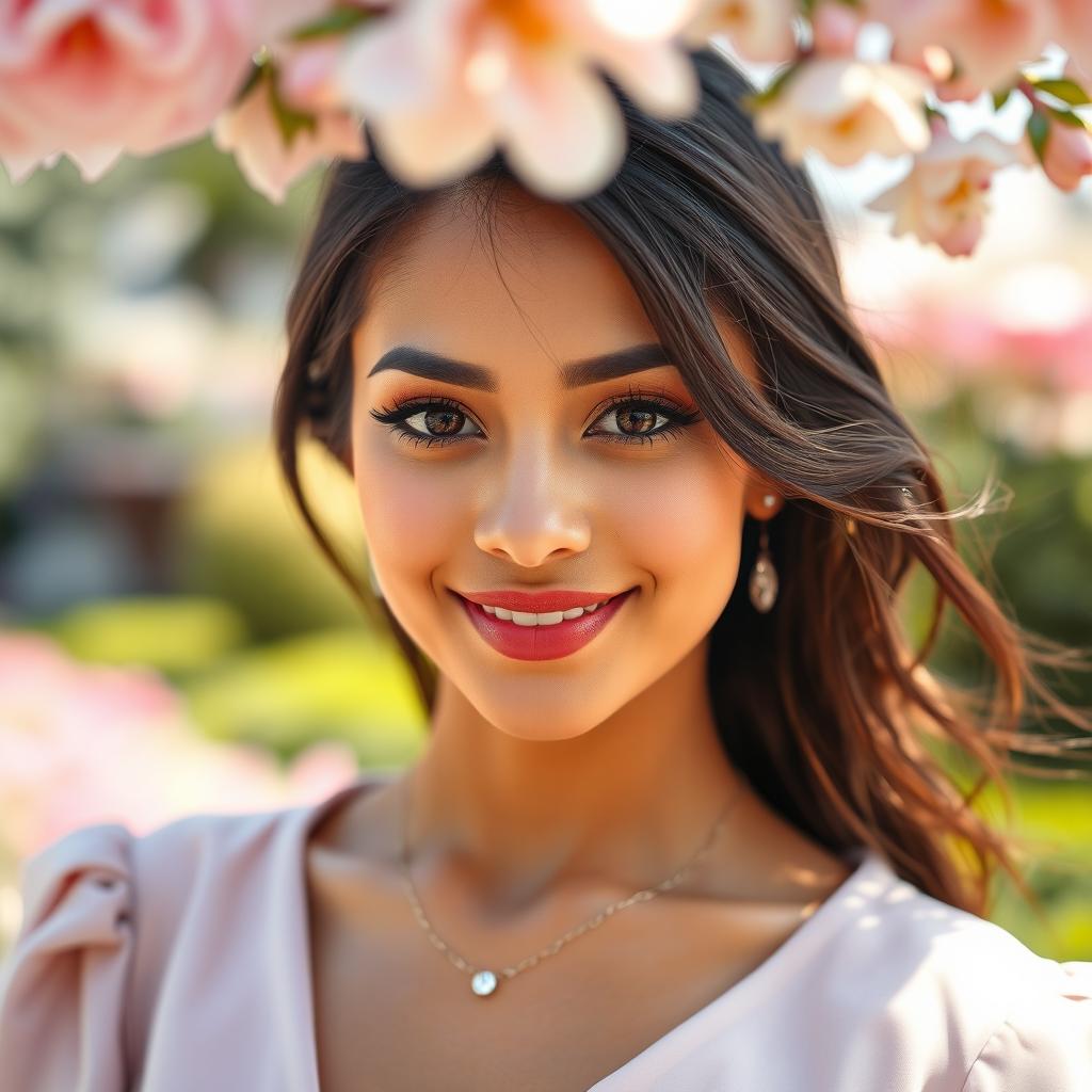 A close-up portrait of a beautiful woman, showcasing her confidence and allure