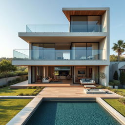 A modern architectural villa located on the outskirts of a city