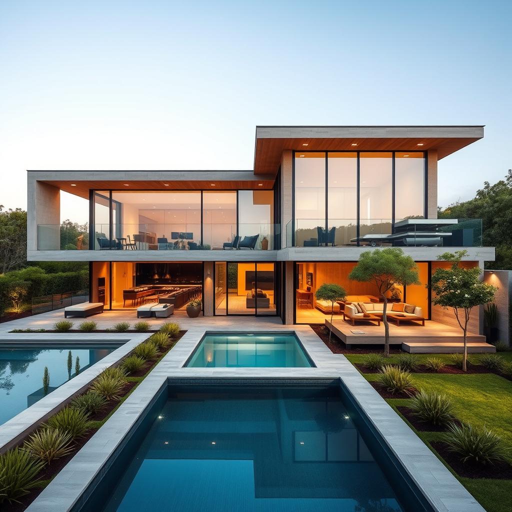 A modern architectural villa located on the outskirts of a city