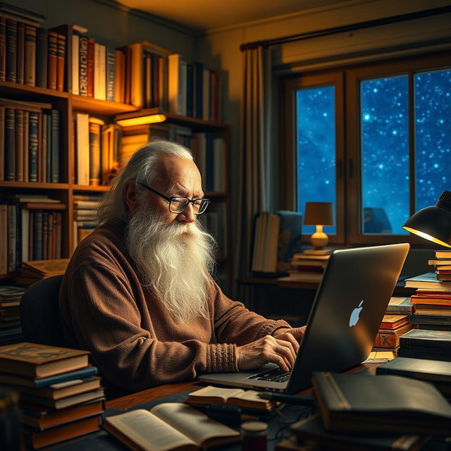 A very old man, with a long white beard and deep-set eyes, sitting at a cluttered desk filled with old books and modern technology, programming on a sleek laptop