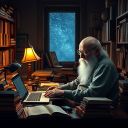 A very old man, with a long white beard and deep-set eyes, sitting at a cluttered desk filled with old books and modern technology, programming on a sleek laptop