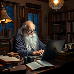 A very old man, with a long white beard and deep-set eyes, sitting at a cluttered desk filled with old books and modern technology, programming on a sleek laptop