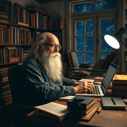 A very old man, with a long white beard and deep-set eyes, sitting at a cluttered desk filled with old books and modern technology, programming on a sleek laptop