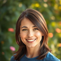 A realistic portrait of a person with a friendly smile, medium-length brown hair, wearing a blue t-shirt, standing against a soft blurred background of nature with greenery and flowers