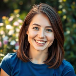 A realistic portrait of a person with a friendly smile, medium-length brown hair, wearing a blue t-shirt, standing against a soft blurred background of nature with greenery and flowers