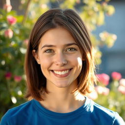 A realistic portrait of a person with a friendly smile, medium-length brown hair, wearing a blue t-shirt, standing against a soft blurred background of nature with greenery and flowers