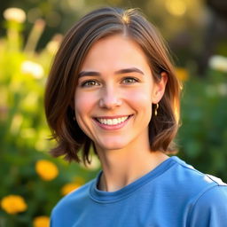 A realistic portrait of a person with a friendly smile, medium-length brown hair, wearing a blue t-shirt, standing against a soft blurred background of nature with greenery and flowers