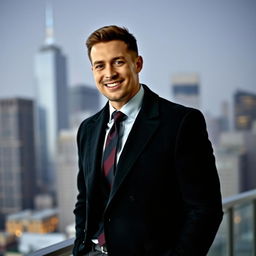 A man with a charismatic smile and confident posture, featuring a formal coat and tie, standing against an elegant urban backdrop