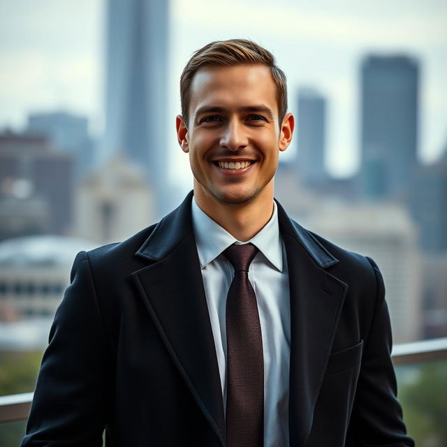 A man with a charismatic smile and confident posture, featuring a formal coat and tie, standing against an elegant urban backdrop