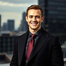 A man with a charismatic smile and confident posture, featuring a formal coat and tie, standing against an elegant urban backdrop