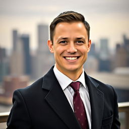 A man with a charismatic smile and confident posture, featuring a formal coat and tie, standing against an elegant urban backdrop