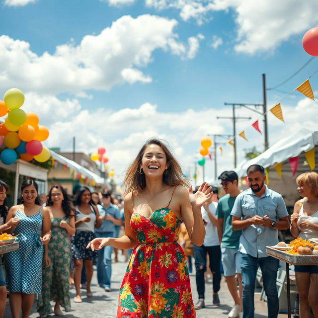 A vibrant street festival scene featuring a diverse group of people enjoying various activities